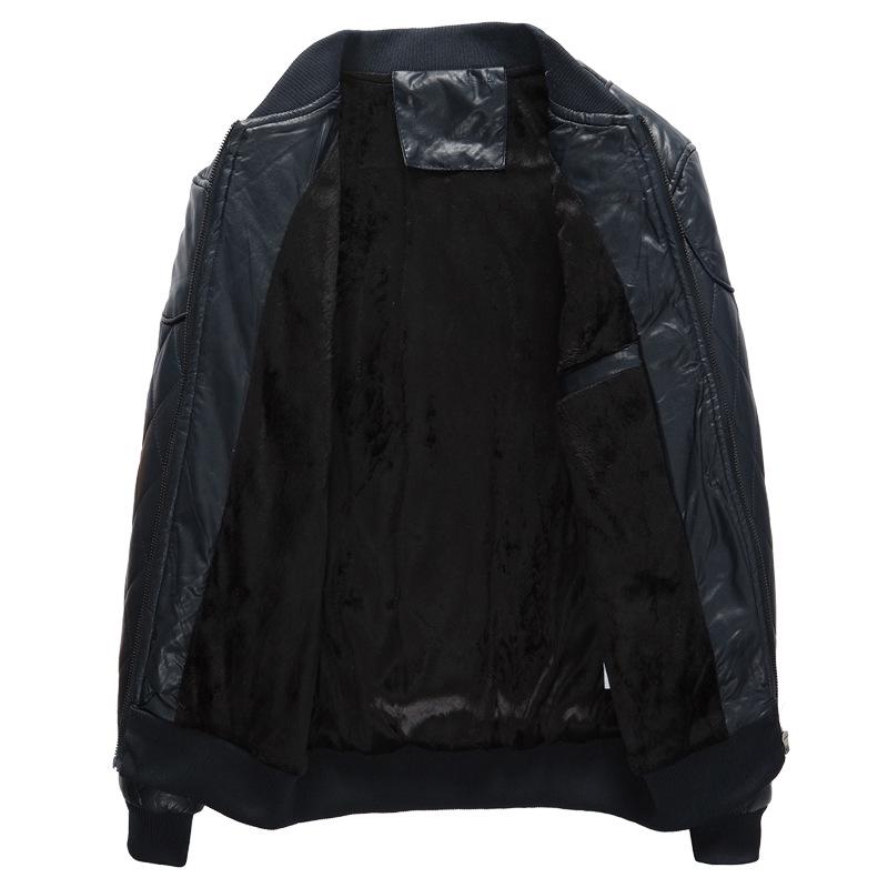 Youth Blue Leather Jacket with Stand Collar, Zipper, Side Pockets, and Round Hem - European-American Style, Winter Collection.