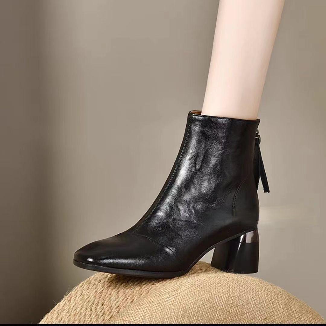 

2024 новые осенние мягкие кожаные короткие сапоги женские мягкие кожаные туфли на среднем каблуке кожаные туфли весна-осень бархат квадратный нос высокий каблук 40