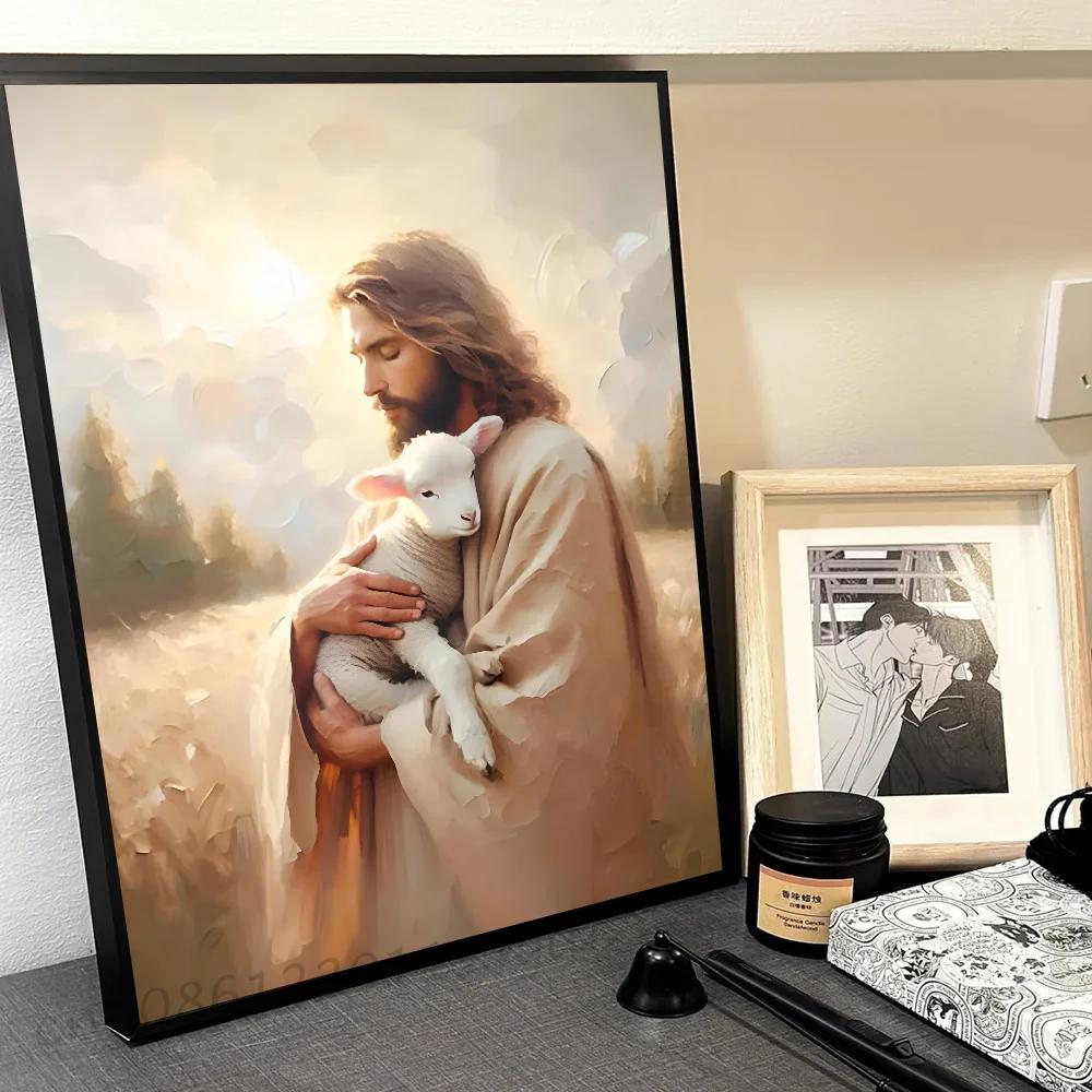 Jezus God Lam Engel Jongen Meisjes Bidden Bijbel Minimalistische Esthetiek Print Canvas Schilderij voor Woonkamer Moderne Woondecoratie