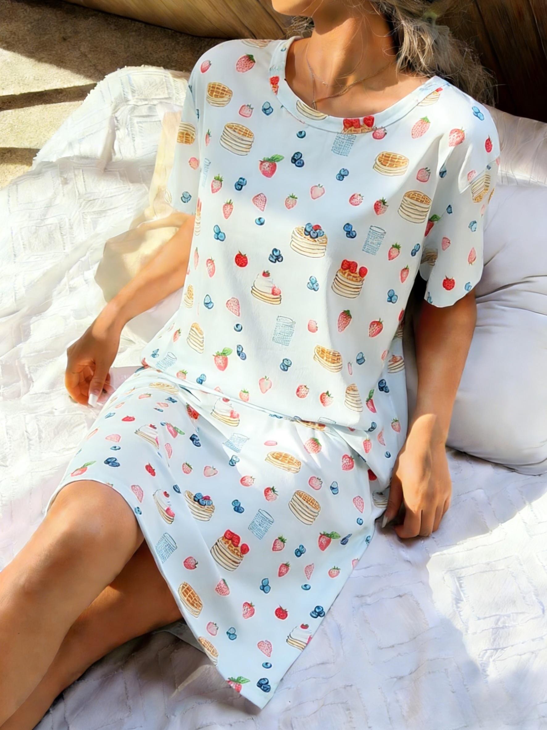 

Spring and Autumn Women s Nightgown. Cute Cartoon Round Neck Fruit Cake Print Casual Sleepwear Homewear XS дубильна кора