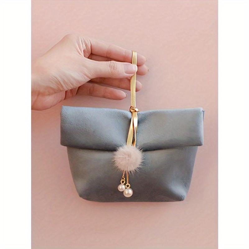 1 Stück 5cm*15.5cm*9.5cm Dekorative Geschenktasche mit Kunstperle und Pompon, Schmuckaufbewahrungstasche, Kosmetik-Reisetasche, Rosa Polyester Geschenkverpackungstasche