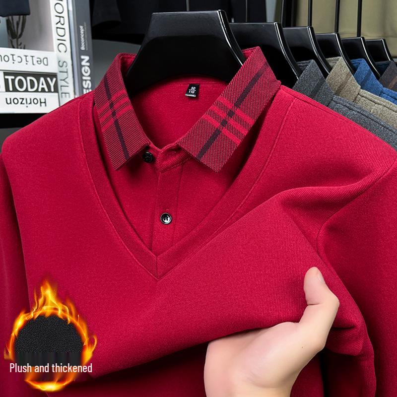 

Men s Faux Two-Piece Sweater, Autumn/Winter Style, Plus Velvet, Thick Knit Base Layer with Shirt Collar for Middle-Aged & Elderly Dads 2XL