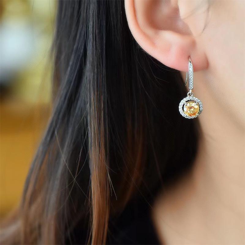 Yellow Moissanite Round Bezel Dangle Earrings with Eight Hearts and Arrows Cut