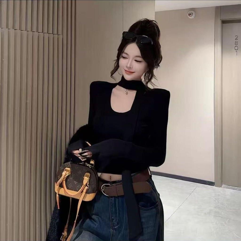 2025 Slim Fit U-Neck Fleece T-Shirt: Autumn/Winter Comfy Commute Style with Ribbon Accents