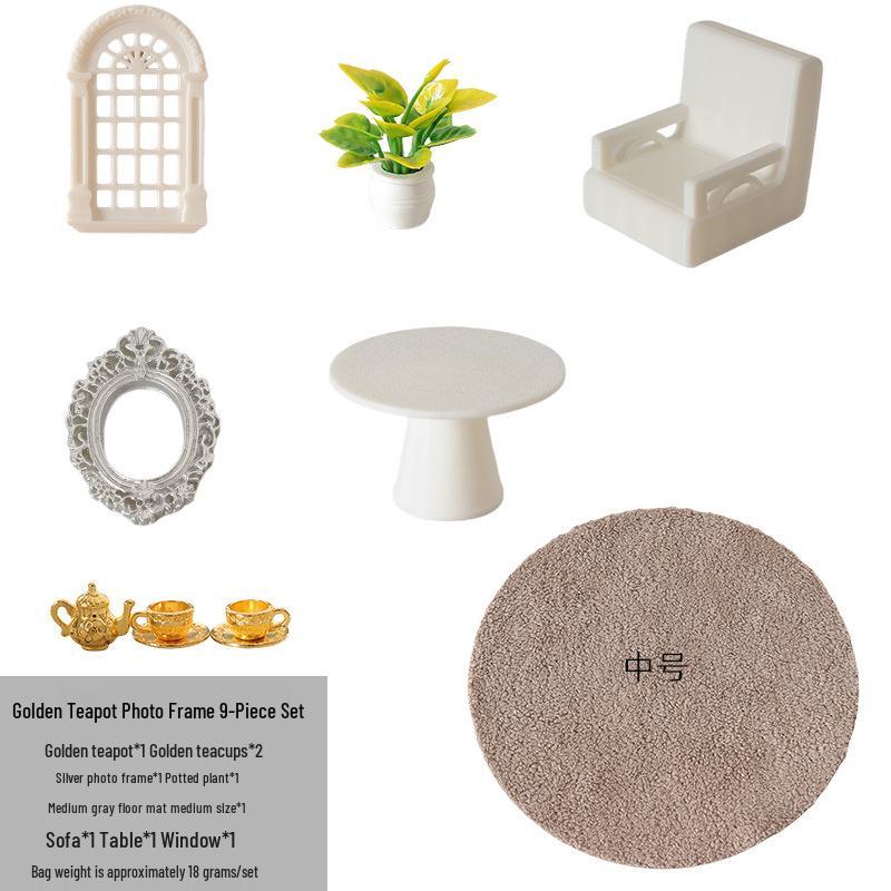 Mini Dollhouse Simulation: Table, Sofa, Photo Frame, Window, Teapot, and Ornaments