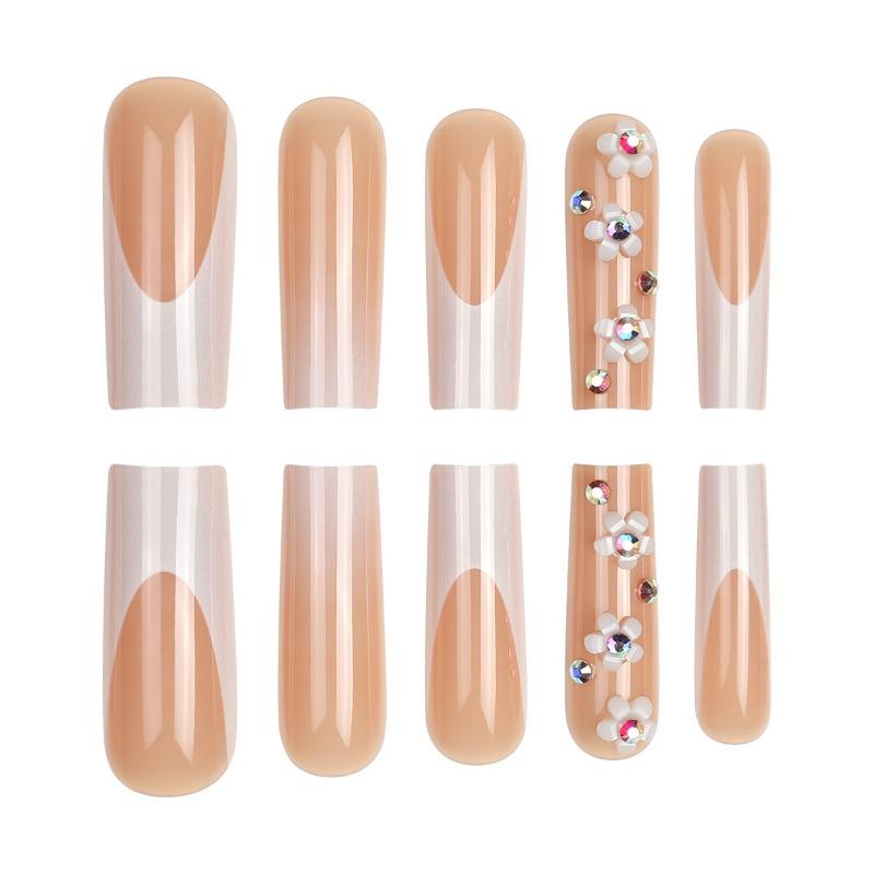 European and American long water pipes simple French fake nails gradual change flower colored diamonds cross-border wear armor Press on nails