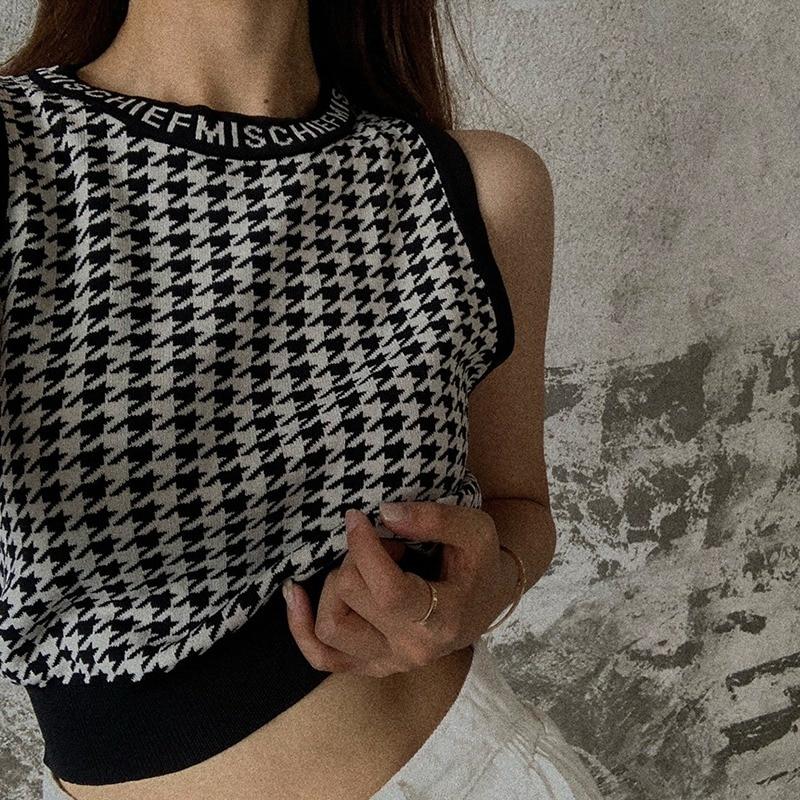 Houndstooth Camisoles for Women Sleeveless Lightweight Knitted Top Crop Top Preppy Style Tank Tops
