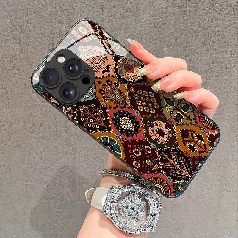 Full-Screen Floral Pattern Tempered Glass Phone Case For iPhone 11 12 13 14 15 16 17 Pro Max 17 Air 16E 7 8 Plus XR XS X Cover