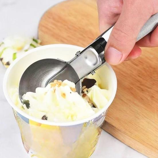Ice Cream Fruit Scoop, Stainless Steel Ice Cream Scooper with Trigger Non-Slip Handle, Heavy Duty Metal Ice Cream Scoop for Ice Cream Fruit Balls