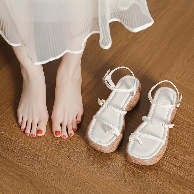 Thin Strap Thick Sole Cover Toe Sandals Women's Summer New One-word Strap Roman Shoes Small Height-increasing Shoes Muffin Waterproof Table