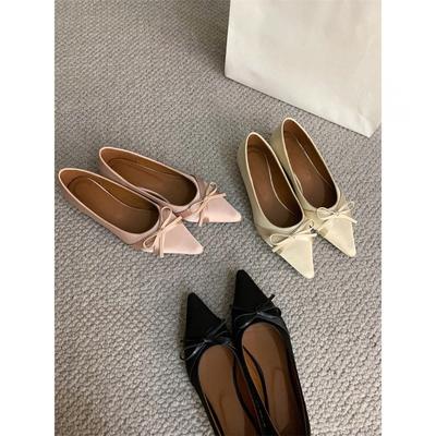 French Sweet Satin Bow Pointed Head Shallow Mouth Single Shoes In the Autumn of 2024 New Temperament Inner Height Increase Small Leather Shoes