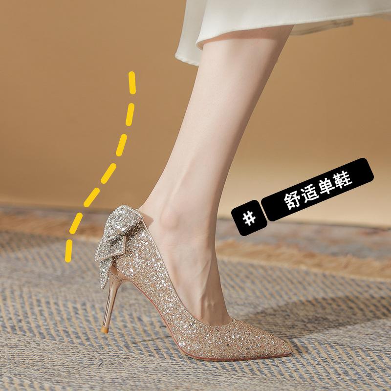 -B French crystal bow high heels socialite temperament banquet show he sequined bridal bridesmaid shoes
