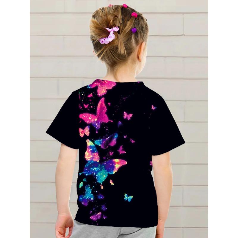 Summer Round Neck 3D Prety Butterfly Pattern Printed Top Fashionable Casual Short Sleeved Children's Girl T-shirts