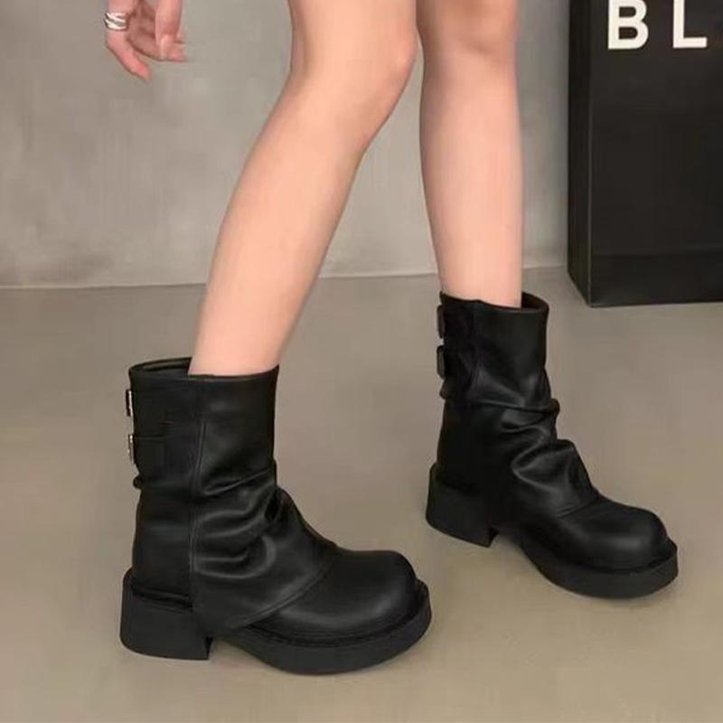 

Женские кожаные ботинки на платформе, массивные туфли до середины голени, женские модные ботинки челси 2024 года, туфли-лодочки, зимние новые модные женские зимние ботинки 40 чёрный