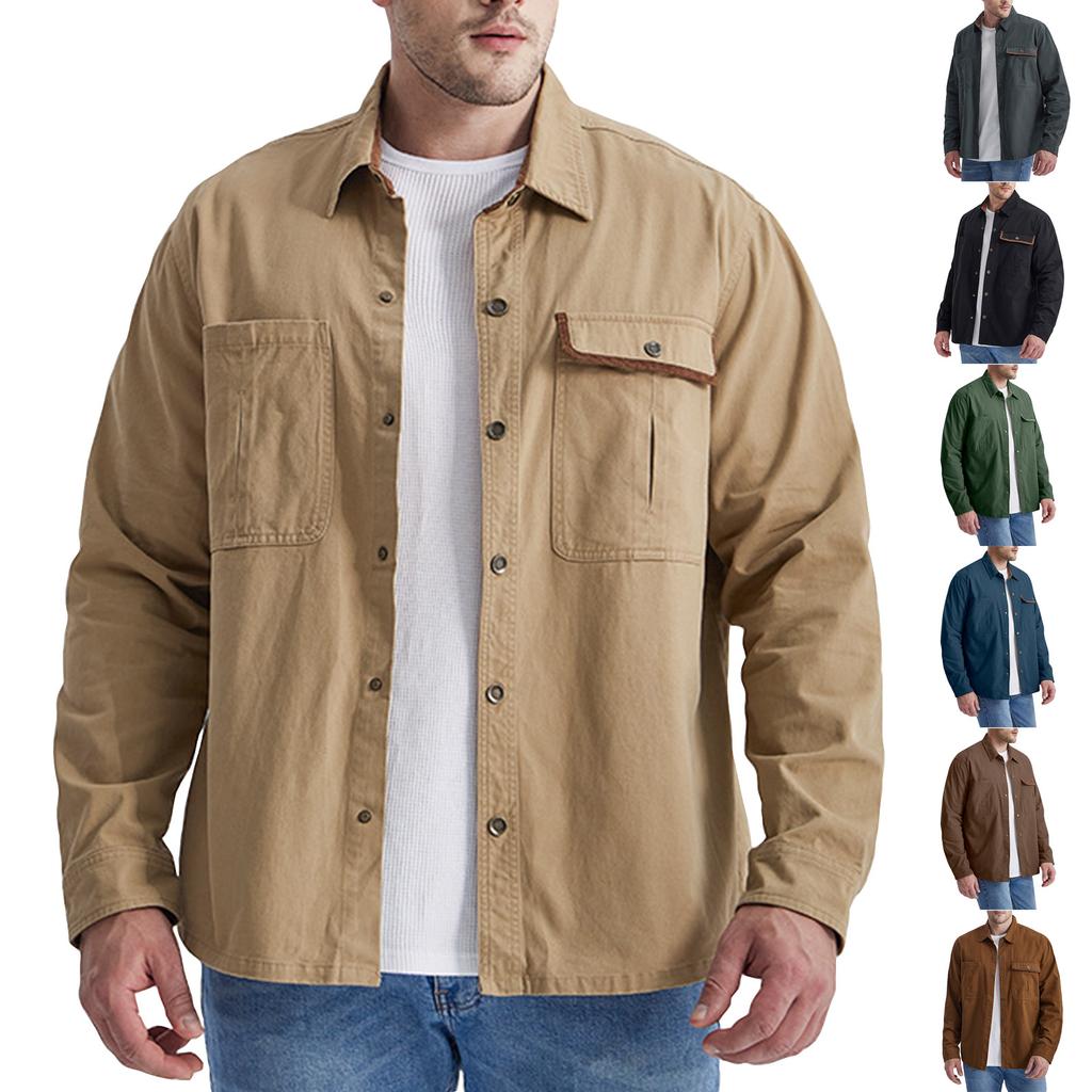 Men's Solid Pocket Work Shirt Men's Casual Fashion Trucker Shirt