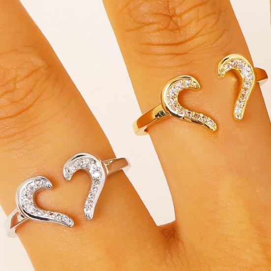 Women Ring Adjustable Open Heart Shape Finger Ring with Cubic Zirconia Semi-Inlaid Design Formal Wear Jewelry Gift