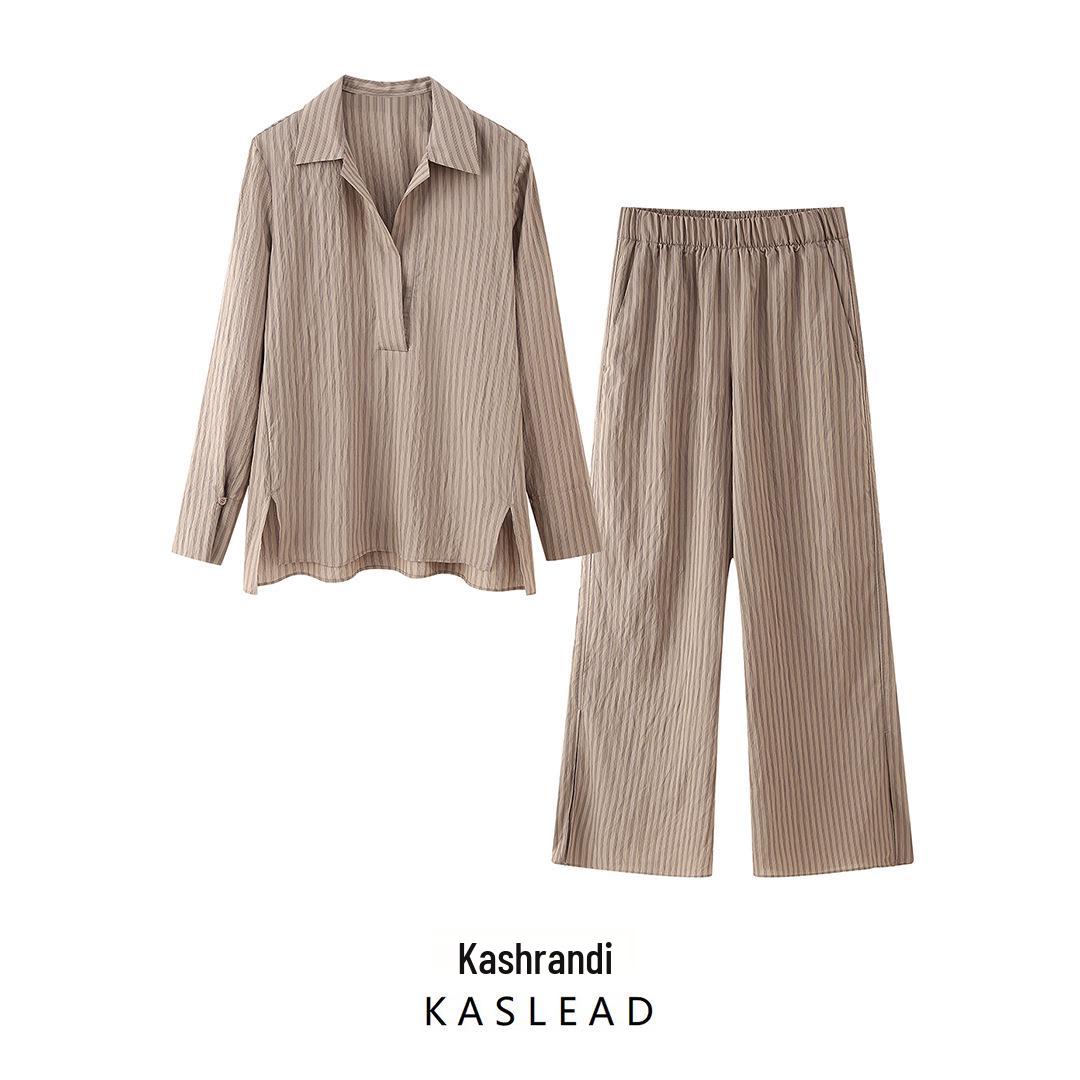 

2025 Spring European-American Fashion Women s Long Sleeve Lapel Shirt and Pants Set L