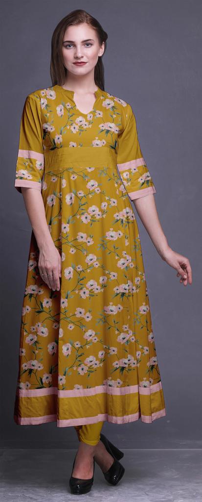Bimba Gold Leaves & Peony Floral Printed Womens AnarkaliA  KurtiA  Kurta Flared Maxi Blouse