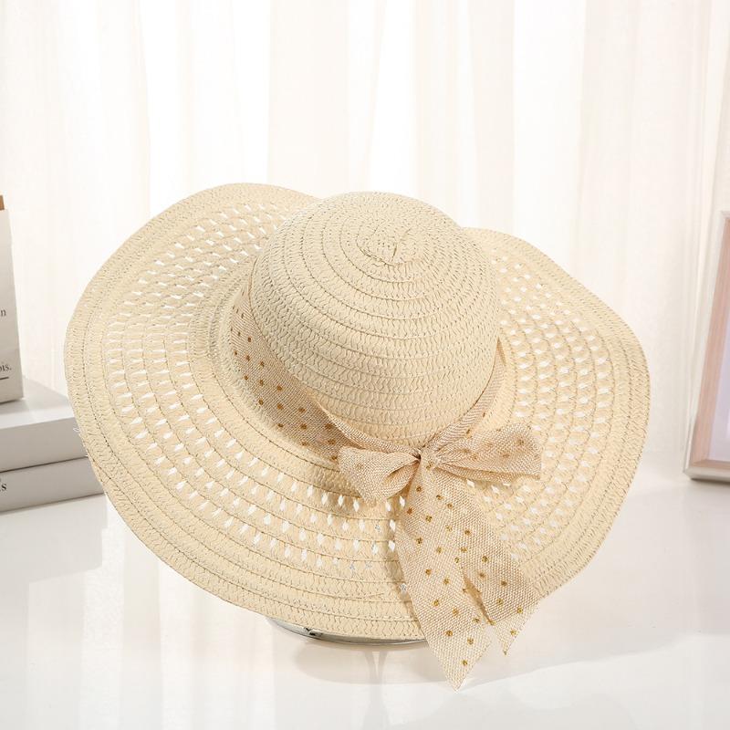 Summer Bow Sun Hat Female, Seaside Beach Vacation Sun Hat Outdoor Big Brim Sun Hat Sweet Straw Hat