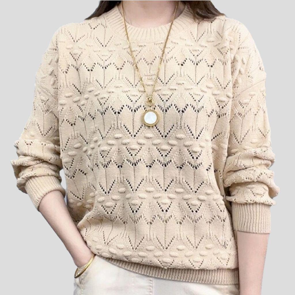 Women's Thin Hollow-out Sweater Spring Summer Solid Color Round-neck Sweater Loose Knitted Pullover Top