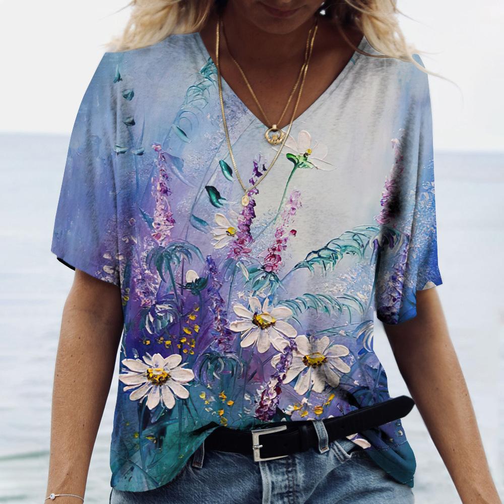 Summer V-neck 3D Flower Butterfly Printed Top Fashionable Casual Short Sleeved Women's T-shirts
