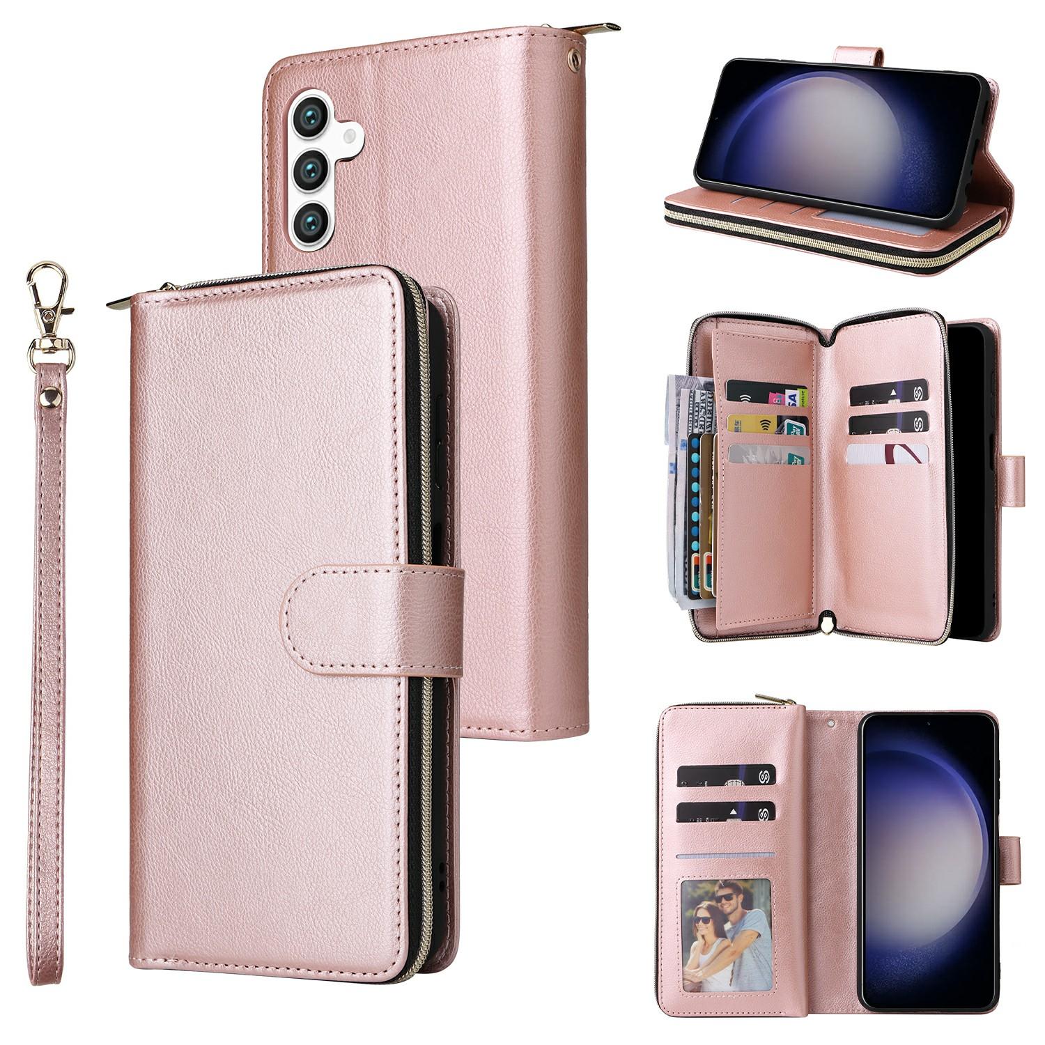 

For Samsung Galaxy S25/S24 Case Zipper Pocket PU Leather Phone Cover with Hand Strap Rose Gold