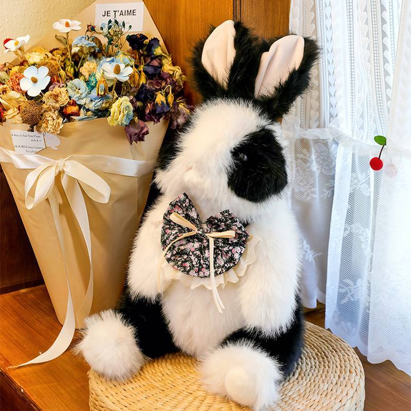 Cute Bowknot Plush Rabbit Backpack Realistic Long Fur Bunny Doll Cartoon Stuffed Animal Bag