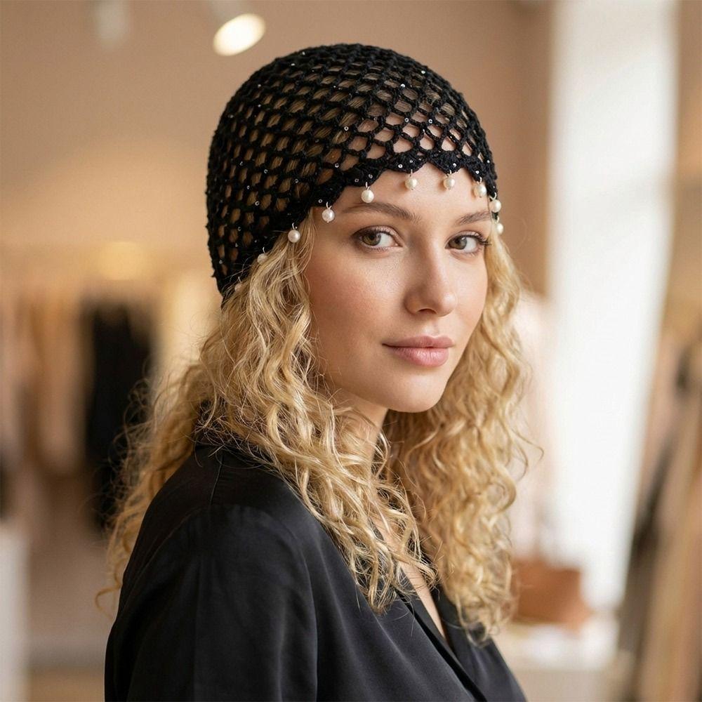 Bohemian Hollowed Out Woven Pullover Hats Pearl Fringed Crochet Knitted Hat Breathable Beret Cap Travel