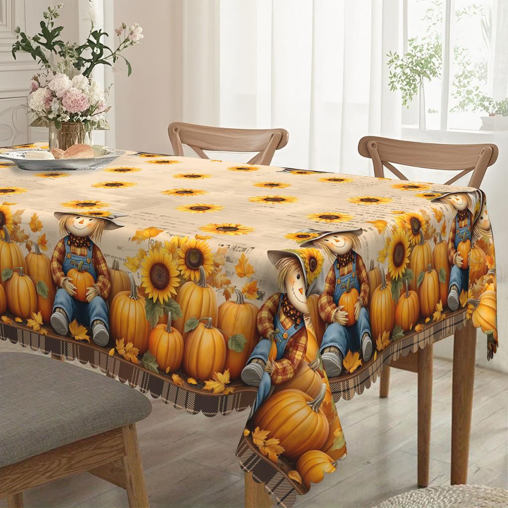 Thanksgiving Sunflower Pumpkin + Scarecrow, Healing Tablecloth, Creating An Autumn Table Atmosphere Tablecloth