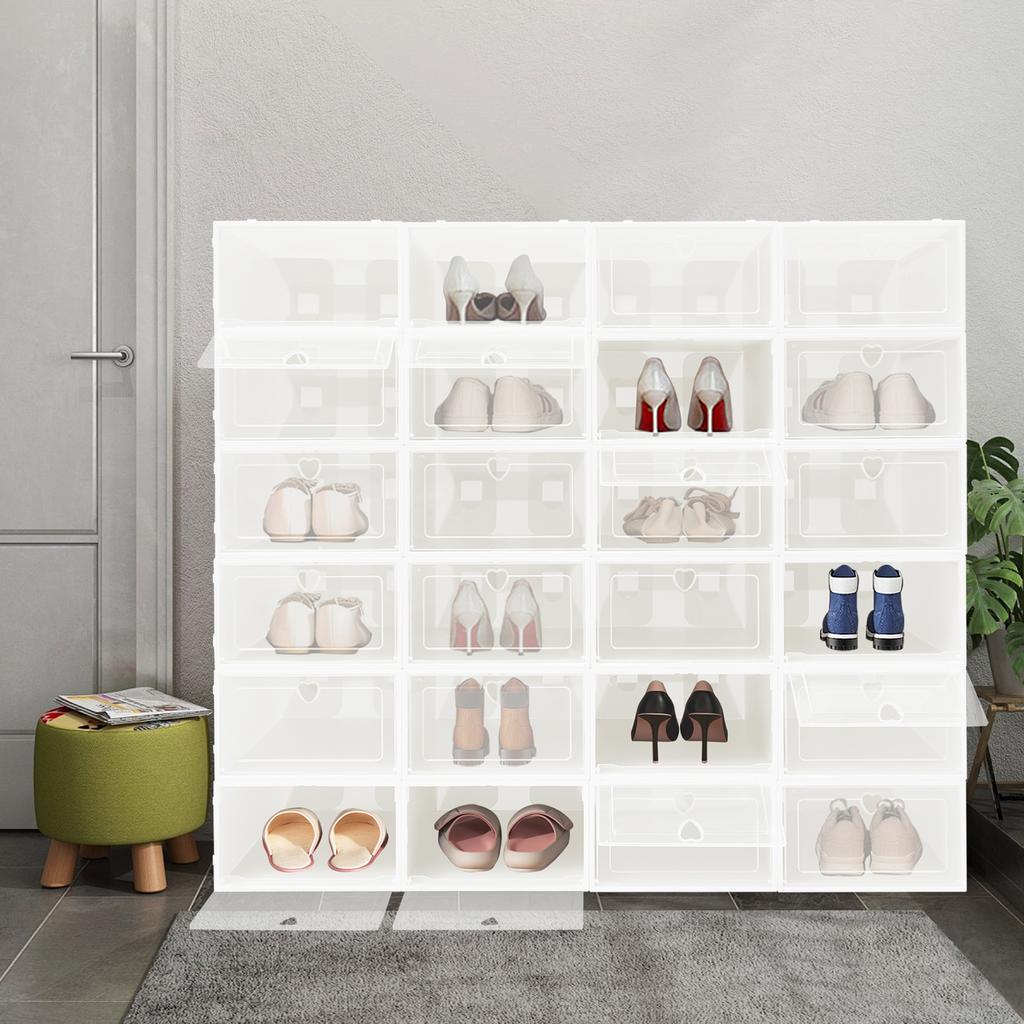 24-Pack Large Clear Shoe Boxes w/ Heart Design, Stackable Plastic Shoe Organizers for Closet, Durable Closet Organization System