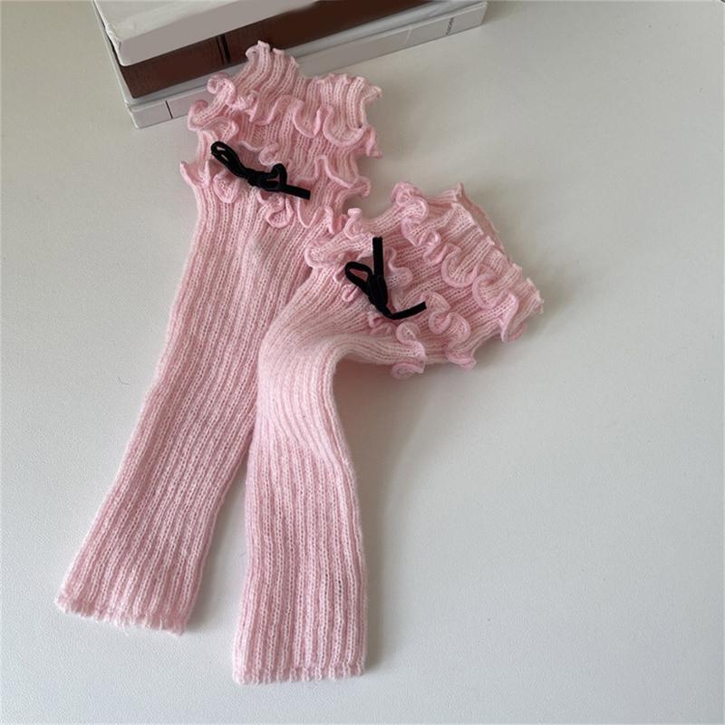 Ribbed Knit Boot Cuffs Footless Socks with Elegant Bows Designs for Women Layered Ruffle Edge Leg Warmers Streetwear