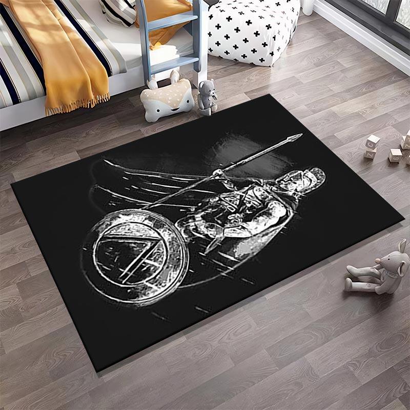 Black Warrior Carpet with Spear and Shield Design, Bold Artistic Style Suitable for use as an anti-slip for living room bedroom sofas