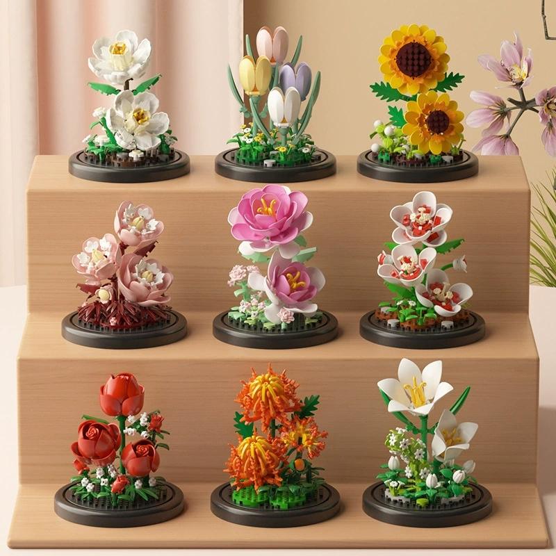 DIY MOC Flower Arrangement Dust Cover Tulip Rose Sunflower Plants Succulents Gardens Building Blocks Model Kids Sets Kits Toys