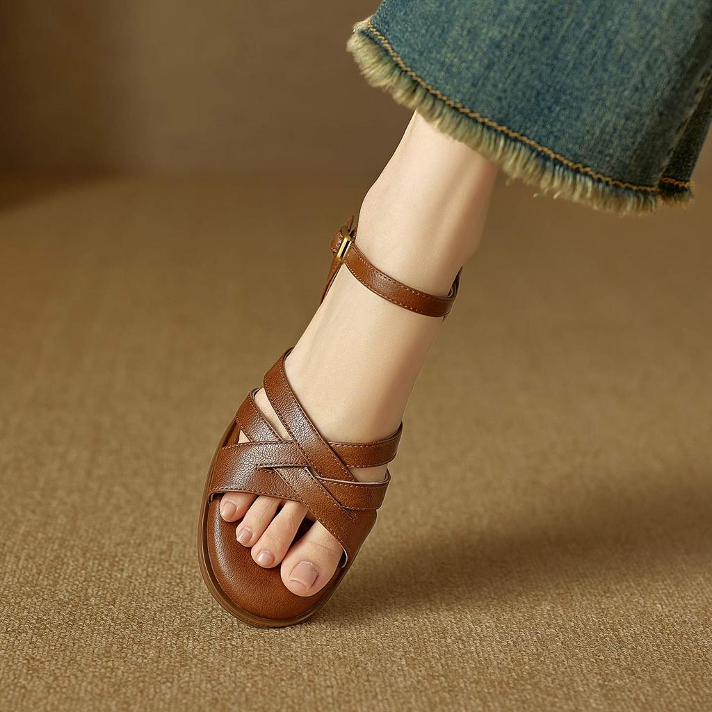 Krazing Pot Cow Skin Thick Med Heels Peep Toe Summer Size 42 Brand Shoes Street Wear Gladiator Elegant Women Sandals