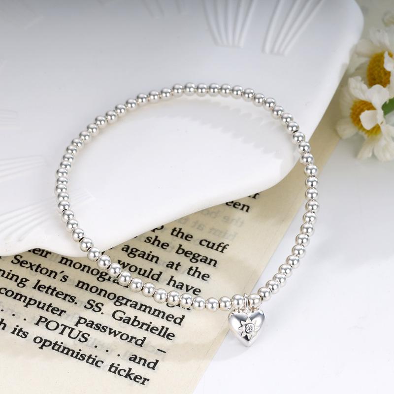 Korean S925 Sterling Silver Pearl Heart Bracelet - Elegant Retro Geometric Design for Women