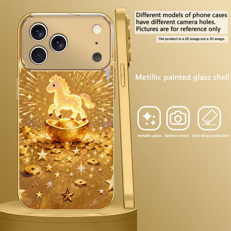 The shining golden pony For IPhone 17Pro Max 16 17 Pro 15 Pro 14 13 Plus 12 Mini 11Pro Max XR 16E 17 Air Golden glass phone case