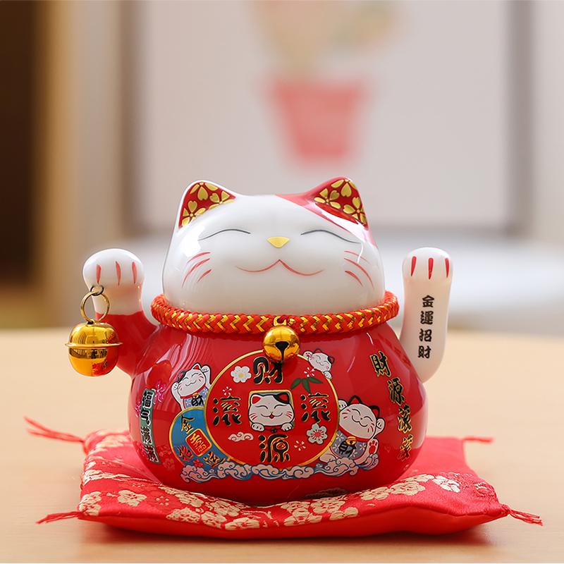 4.5 Inch Ceramic Fortune Cat with Waving Arm, Porcelain Maneki-neko Lucky Beckoning Cats Home Office Decor, Gift for Prosperity