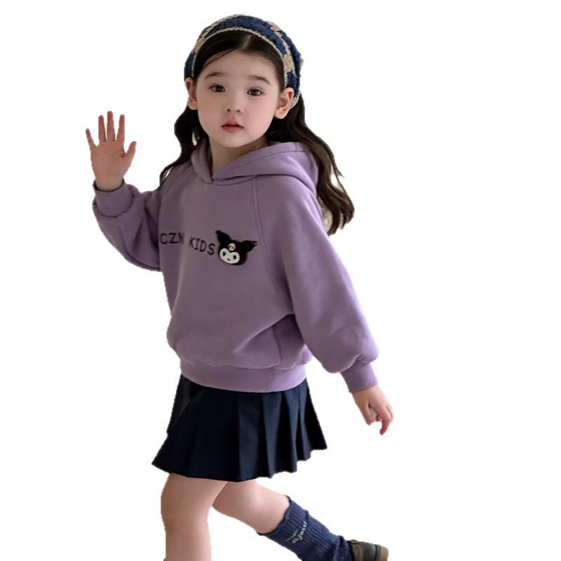 Korean-Style Velvet Hoodie & Pleated Skirt Set for Girls - Autumn/Winter Cartoon Design