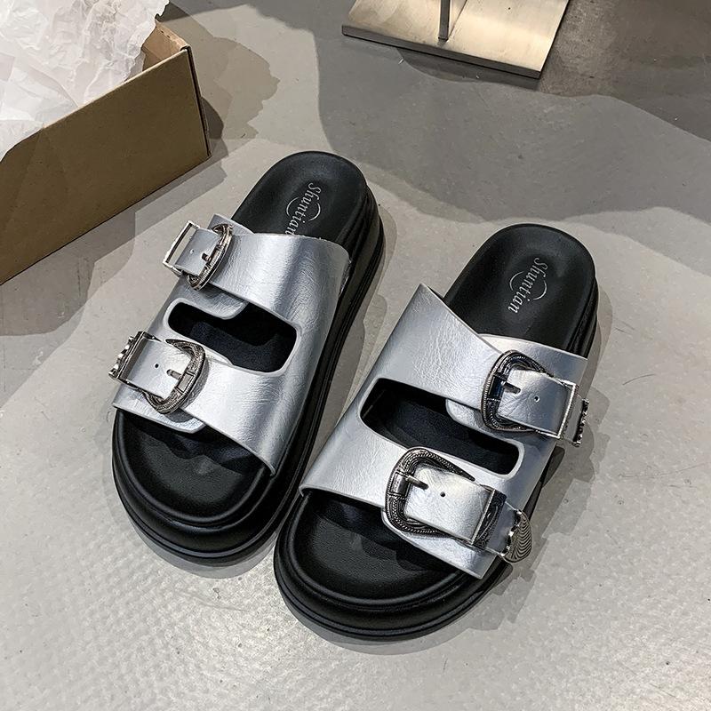 2025 summer slippers women's fashion and leisure flat-bottomed beach one-word sandals buckle platform slippers women's shoes