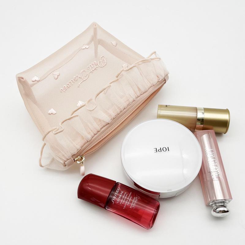 "Petite Heart Lace Mesh Cosmetic and Tissue Bag"