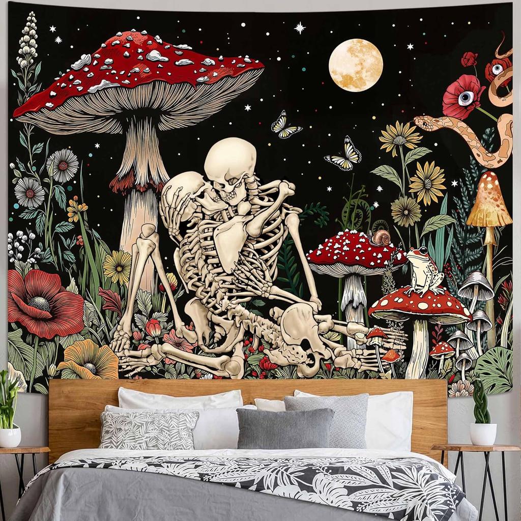 Gothic Lovers Skeleton Tapestry Wall Hanging Black Mushroom Botanical Aesthetic Dark Romance Tapestries for Bedroom Vintage