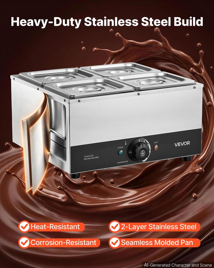 VEVOR Chocolate Melting Machine, 4 Tanks 8.2 Kg Choc Commercial Melter, 1200W High Power, Water Bath Heating System, Stainless Steel Body