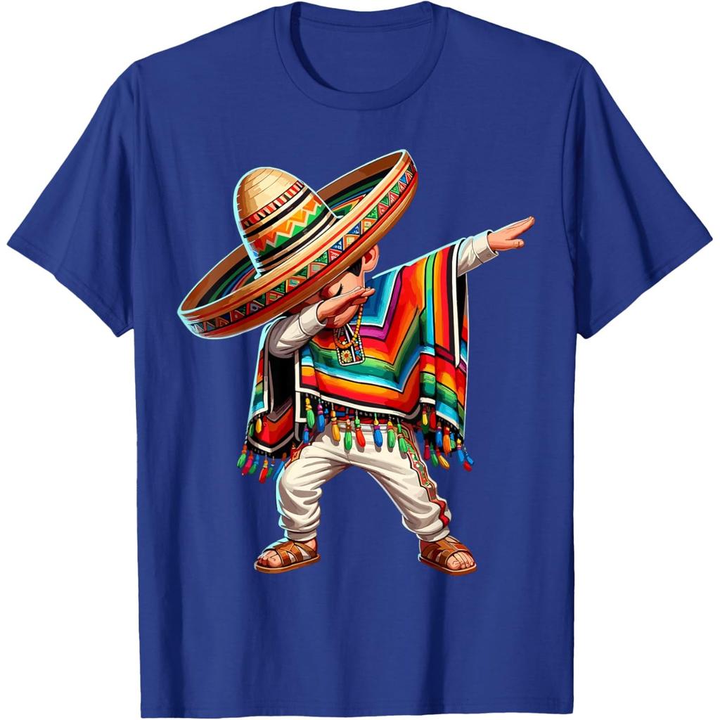 Mexican Boy Dabbing Poncho Sombrero Graphic Tee Cinco de Mayo Casual Cotton T-Shirt