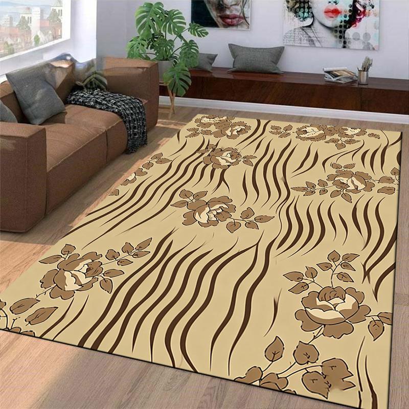Floral Pattern Carpet with Beige and Brown Stripes for Home Decor Suitable for Use As an Anti-slip for Living Room Bedroom Sofas