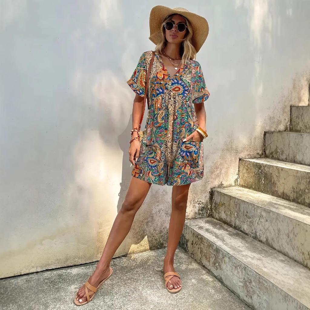 Tuta Corta da Donna a Maniche Corte con Stampa Floreale Multicolore Outfit Casual