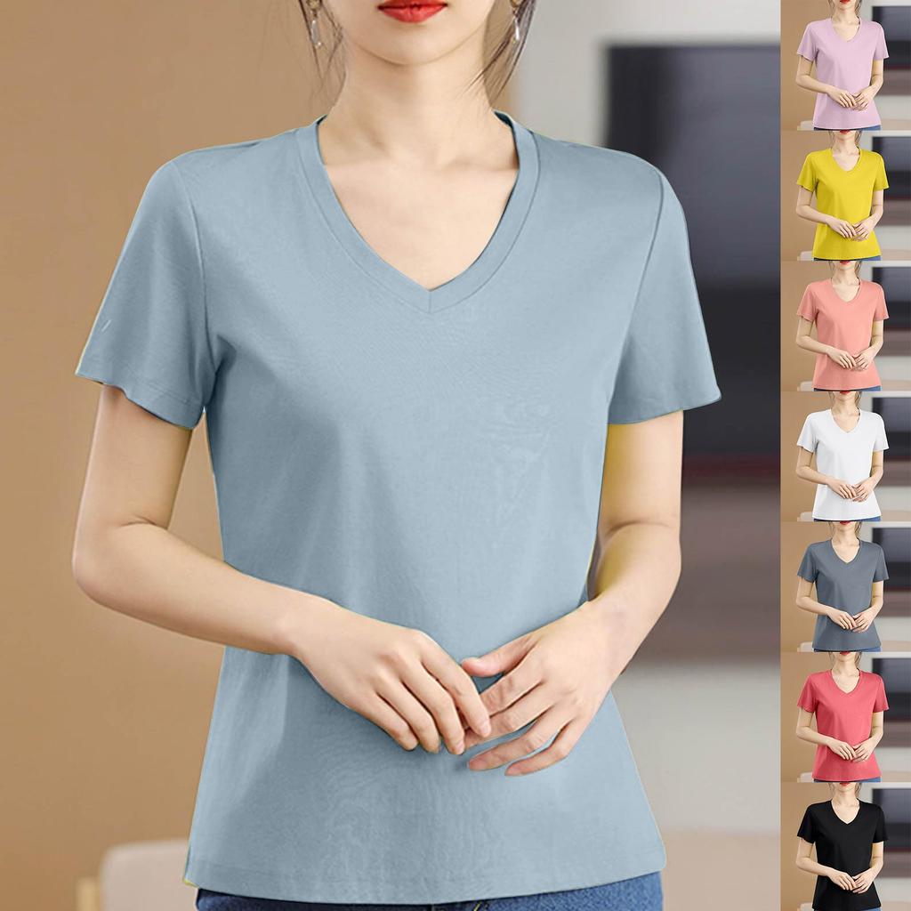 Women's Solid Color Casual V-neck Sim Ple Short-sleeved T-shirt Female Top