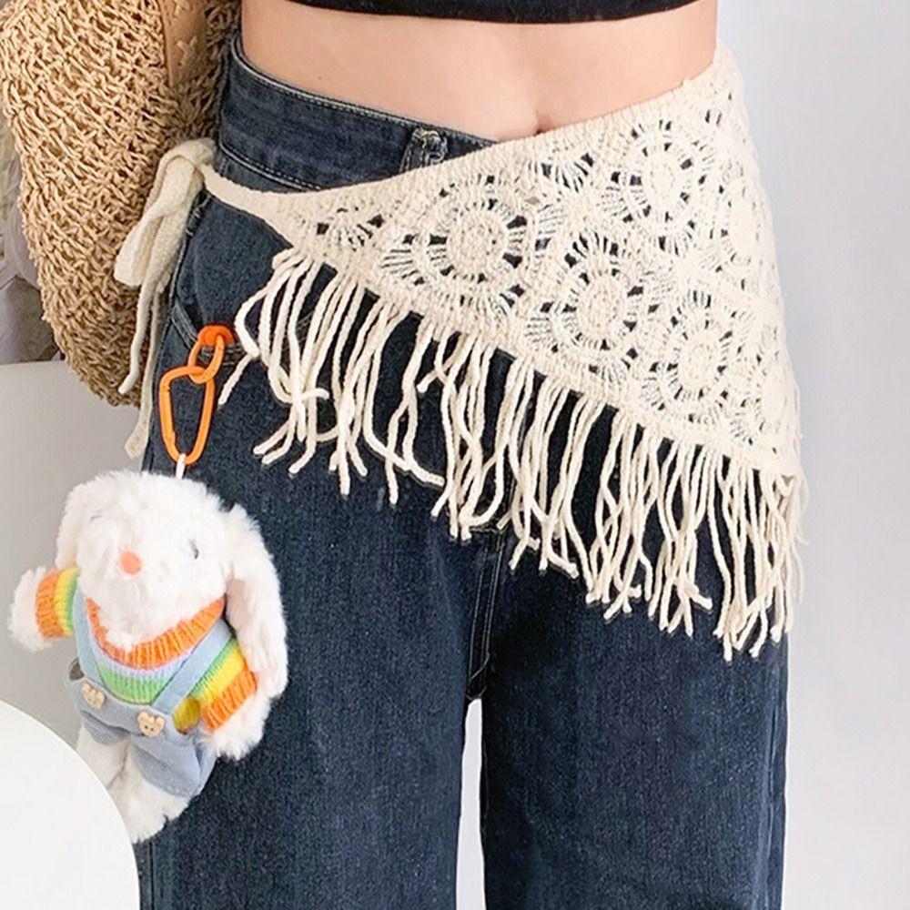 Bohemian Knitted Butt Flap Hollowing Out Tassel Hip Apron Triangular Scarf Tie Straps  Women Girls