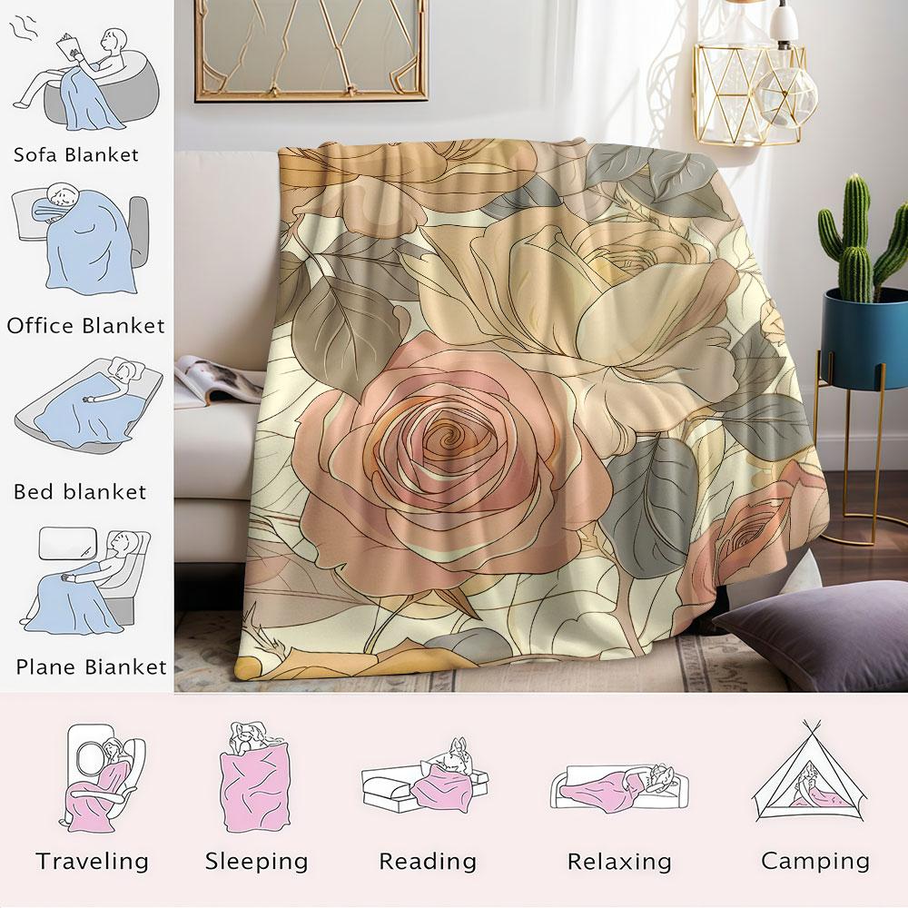 Vintage Rose Floral Flannel Blanket Perfect for Sofa Office Bed Travel Sleep Read Relax Camping four season use