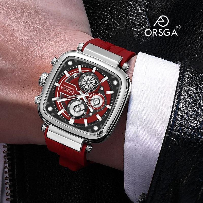Mens Square Chronograph Watches Waterproof Luminous Quartz Wrist Watch with Silicone Strap