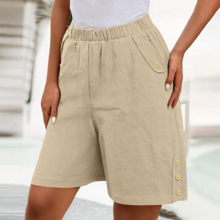High Waisted Women's Casual Loose Bermuda Shorts With Pockets Knee Length Summer Wide Leg Linen Shorts